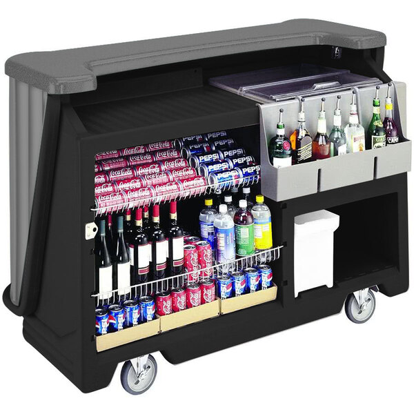 A black Cambro portable bar cart with bottles of alcohol and drinks.