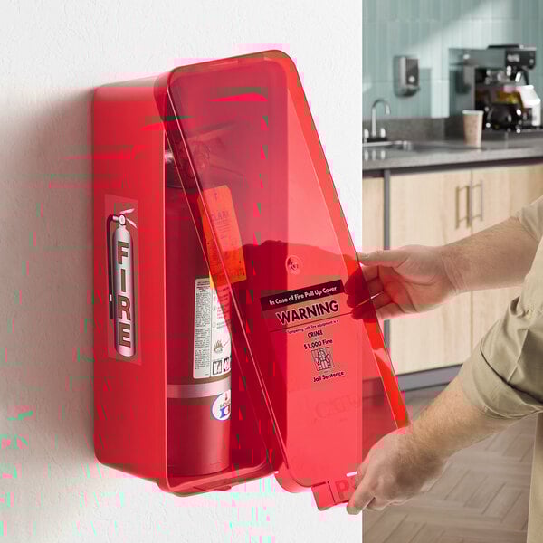 A red surface-mounted fire extinguisher cabinet with a red pull-cover, designed to hold a 10 lb. fire extinguisher.