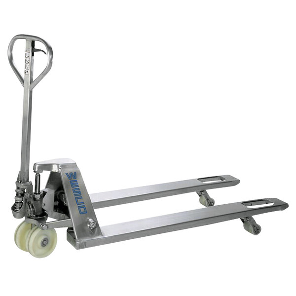 A silver Wesco galvanized pallet truck with wheels and a handle.