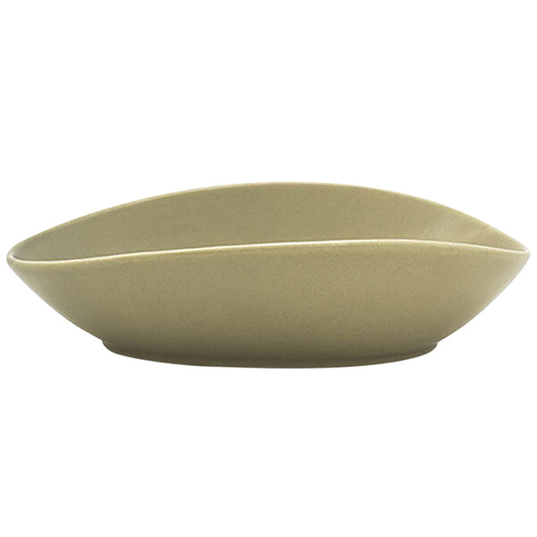 A white oval bowl with a curved edge.