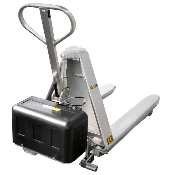 A Wesco stainless steel high lift pallet truck with a black box.
