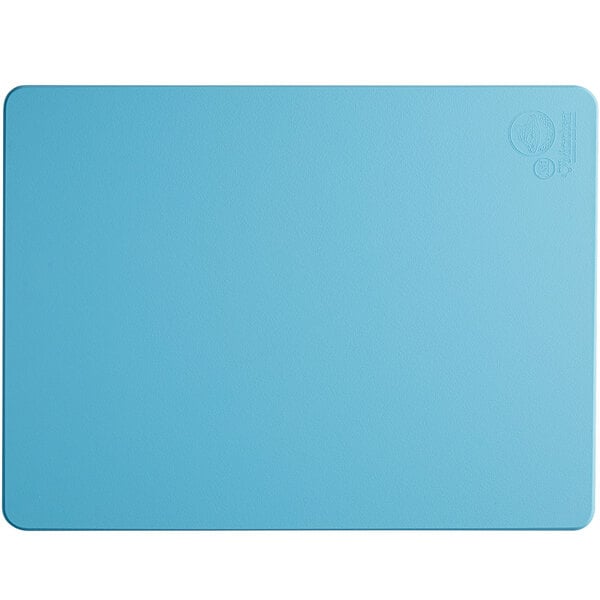 A blue rectangular cutting board with a white logo.