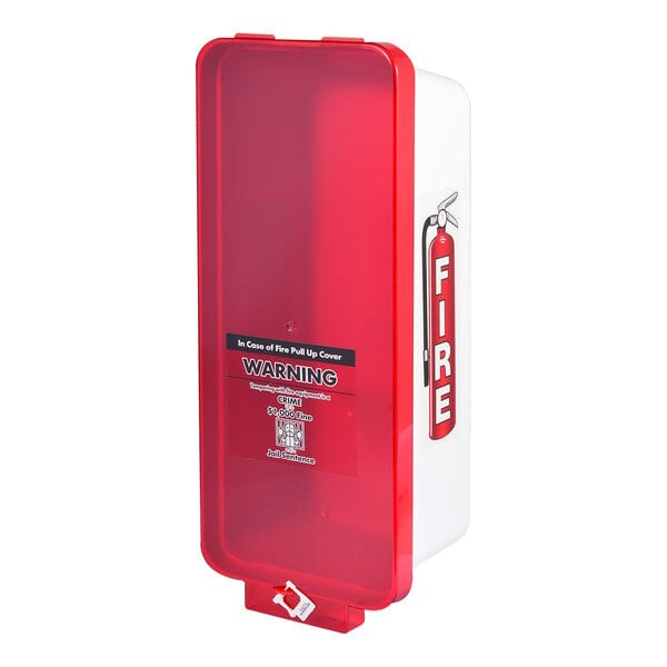 A white Cato fire extinguisher cabinet with a red pull-cover.