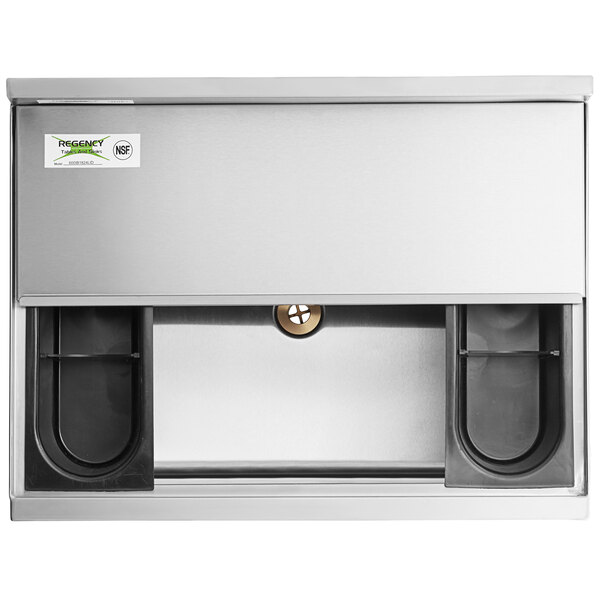 A Regency stainless steel underbar ice bin with sliding lid and bottle holders.