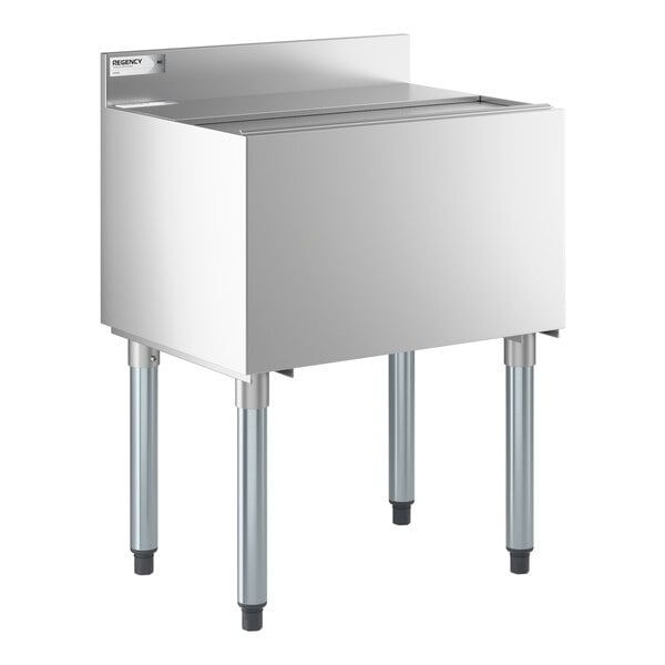 A stainless steel underbar ice bin with bottle holders and a sliding lid.