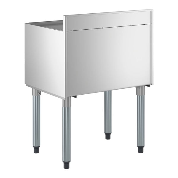 An 18 inch by 24 inch stainless steel underbar ice bin with bottle holders and a sliding lid.