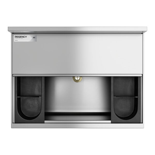 An 18 by 24 inch stainless steel underbar ice bin with bottle holders and a sliding lid.