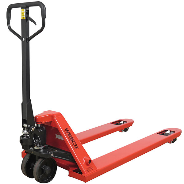A red and black Wesco Industrial Products hand pallet truck.