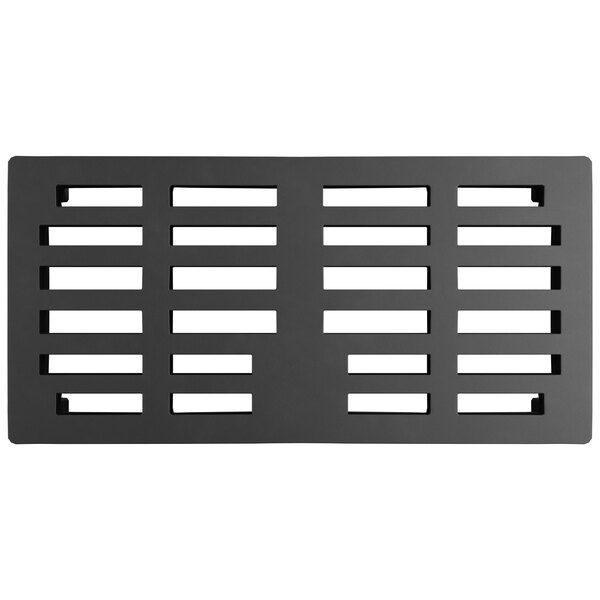A black rectangular dunnage rack with slotted top.