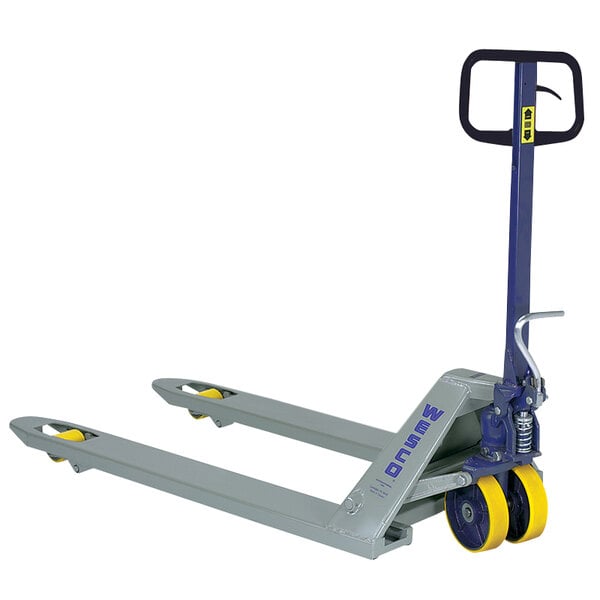 A Wesco pallet truck with yellow wheels.