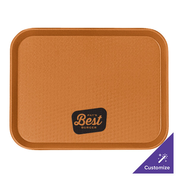 An orange Cambro fast food tray on a table.