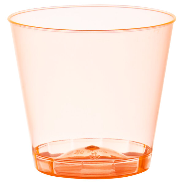 A Fineline Quenchers neon orange plastic shot cup.