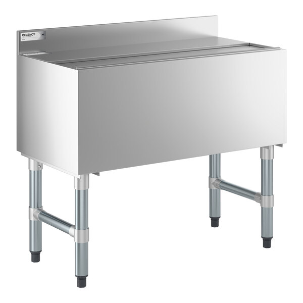 An underbar ice bin with a sliding lid, bottle holders, and a cold plate, designed for commercial bar use.