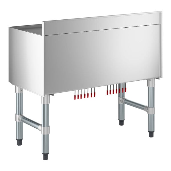 An underbar ice bin with a sliding lid, bottle holders, and a 7 circuit post-mix cold plate, designed for commercial bar use.