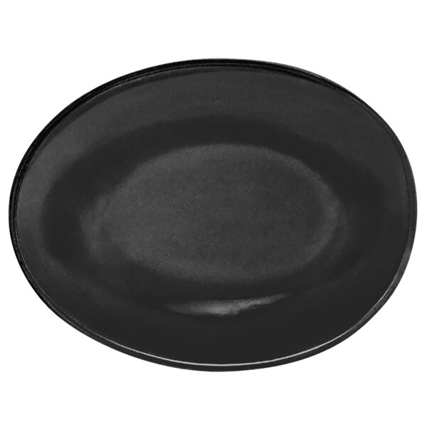 A black oval porcelain bowl with a rim.