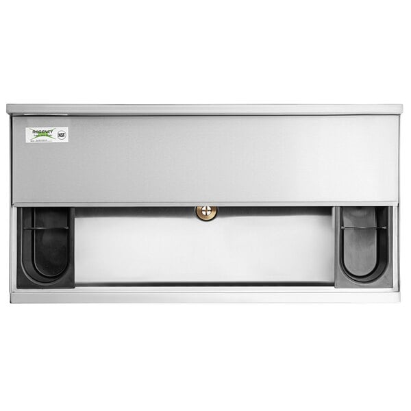 A Regency stainless steel underbar ice bin with sliding lid and bottle holders.