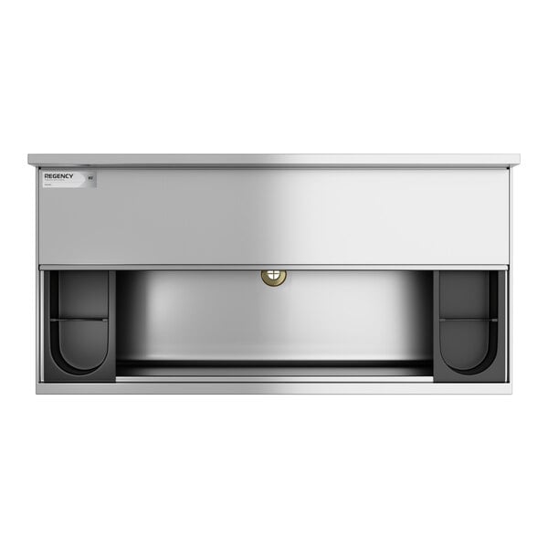 A stainless steel underbar ice bin with bottle holders and a sliding lid.