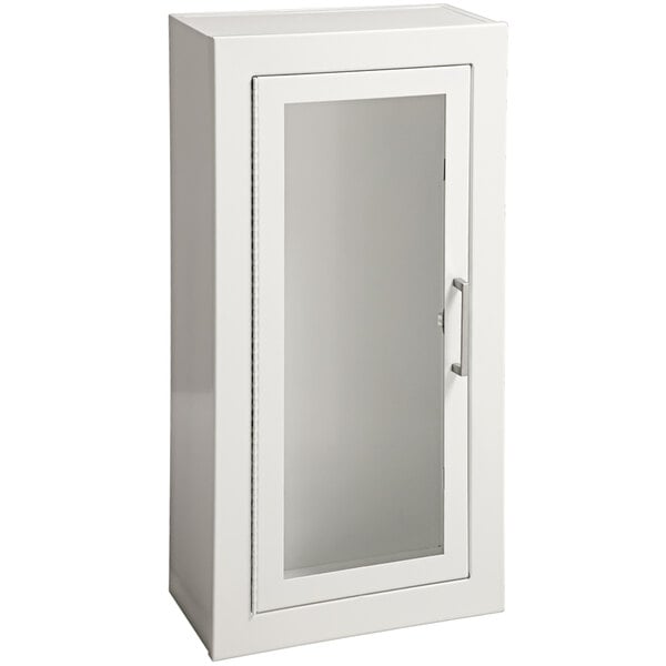 A white JL Industries Ambassador Series fire extinguisher cabinet with a full glass door.