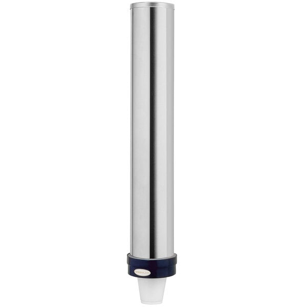 A silver stainless steel wall mount portion cup dispenser with a blue cap.