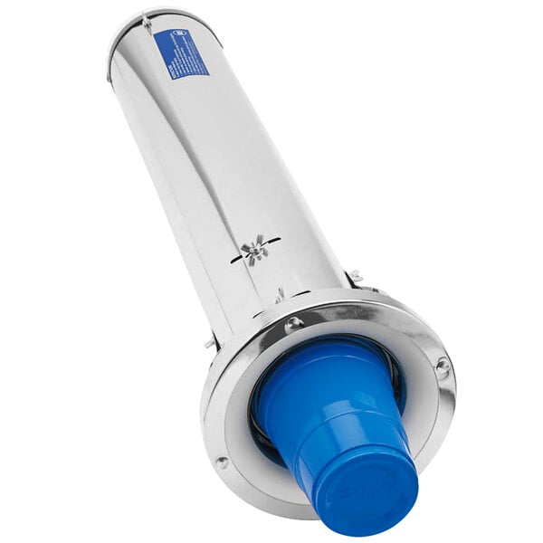 A close up of a silver stainless steel spring-loaded pipe with a blue cap.