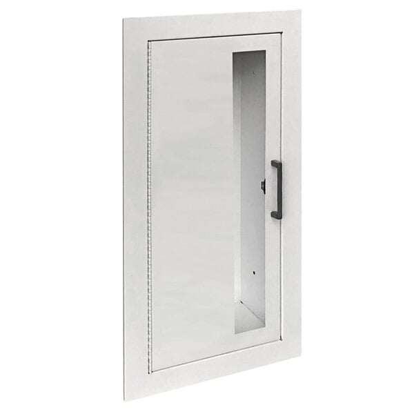 A white steel cabinet with a vertical window and a black handle.