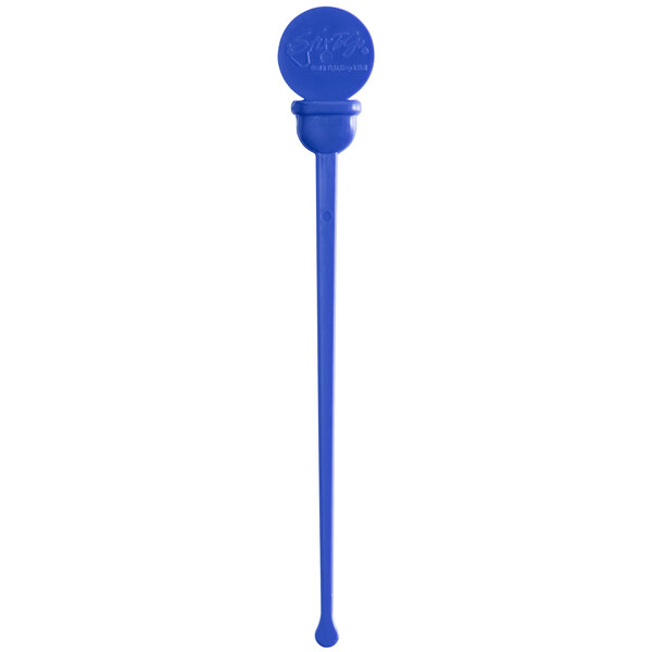 A blue Royal Paper STIRSTIX-E beverage stirrer with a round object on top.