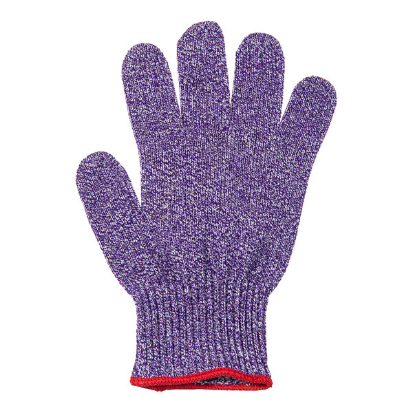 A purple San Jamar cut resistant glove with red trim.