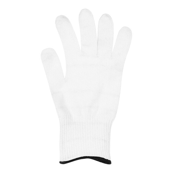 A white San Jamar cut-resistant glove with black trim on the cuff.