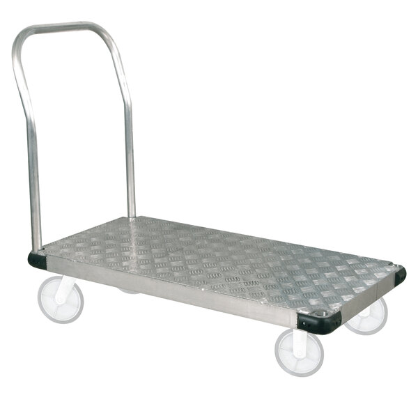 A silver metal Wesco platform truck with wheels.