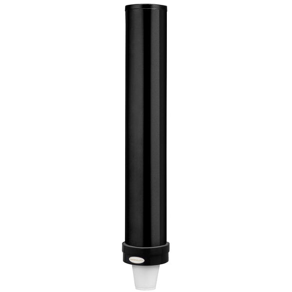 A black plastic Modular Simpli-Flex cup dispenser with a white lid.