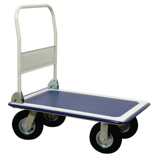 a blue and white cart with black wheels