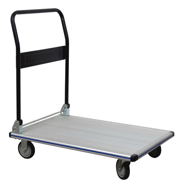 A Wesco aluminum folding platform truck with black wheels and a black handle.