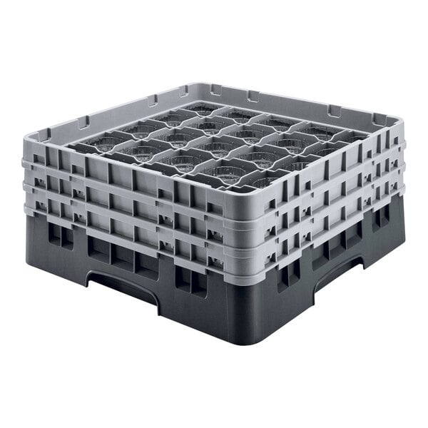 A black plastic Cambro glass rack with extenders.