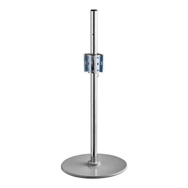 A silver metal Modular countertop rotary stand with blue metal parts.