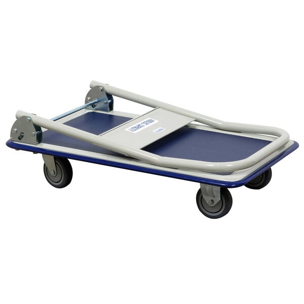 a blue and white cart with a metal handle