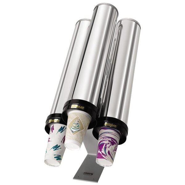 A Modular stainless steel countertop cup dispenser stand holding cups.