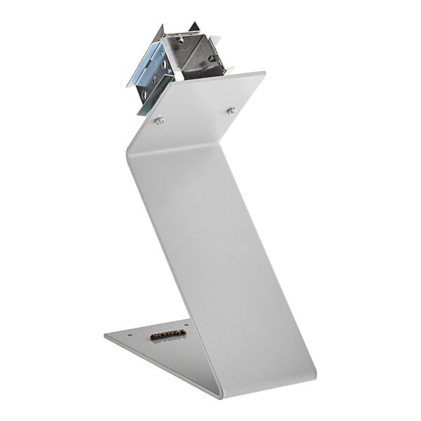 A white metal rectangular Z-stand with metal screws and 3 stainless steel dispensers on top.