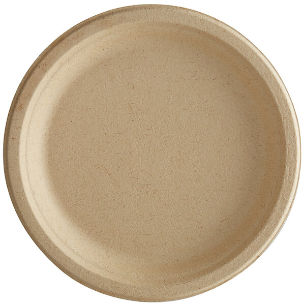 A round beige Tellus Products bagasse plate.
