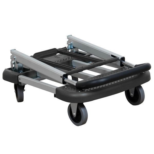 A black and silver Wesco aluminum platform truck with wheels.