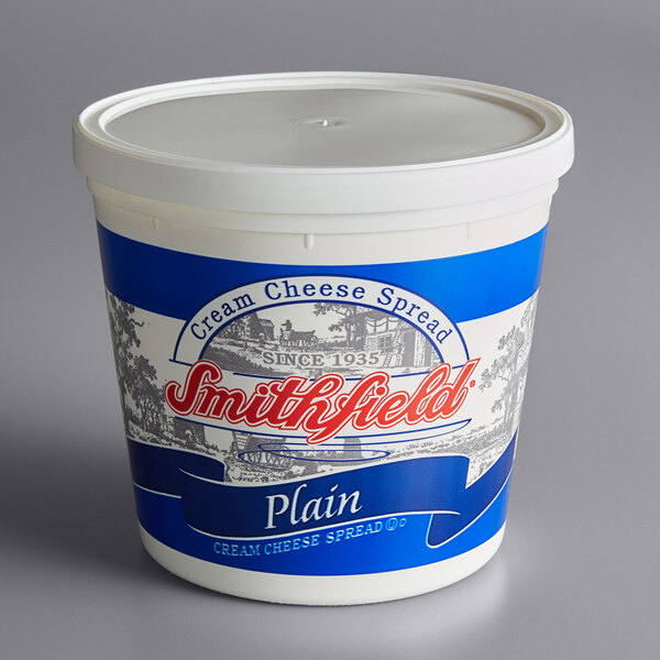 A white and blue Smithfield 5 lb. tub of plain cream cheese spread.