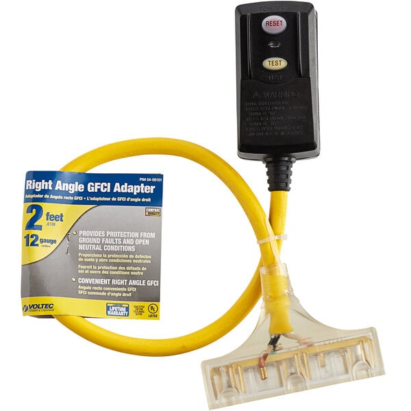 A yellow and black Voltec right angle power cord with a black GFCI box and lighted end.