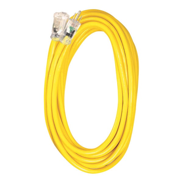 A yellow Voltec 3-conductor extension cord with two plugs.