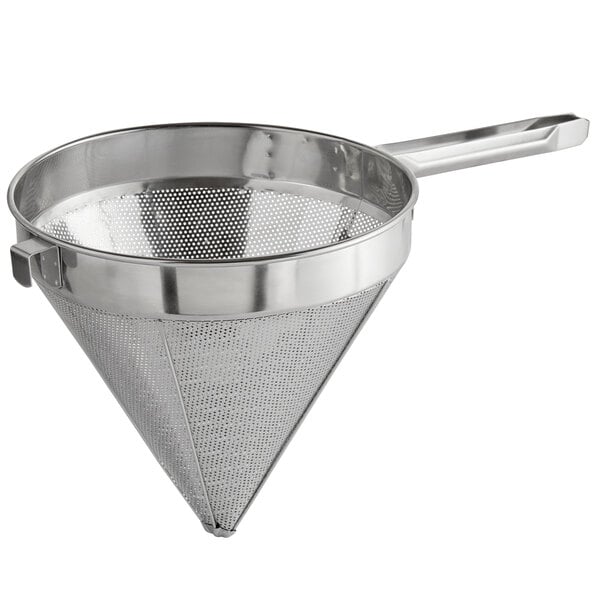 A metal Choice fine china cap strainer with a handle.