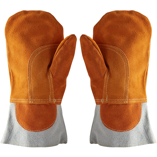 A pair of orange leather oven mitts with white stitching.