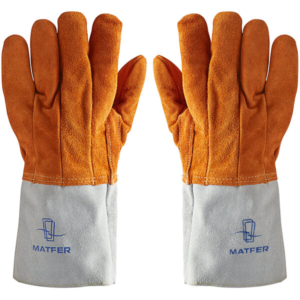 A pair of Matfer Bourgeat oven gloves with white and orange stitching.