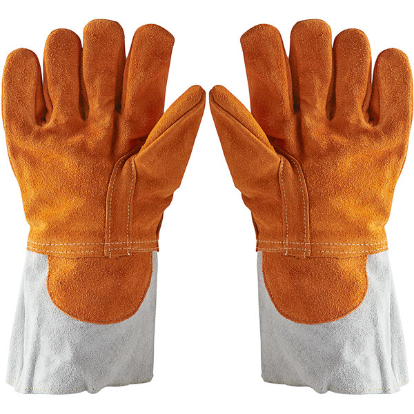 A pair of Matfer Bourgeat leather oven gloves with orange and white patches.