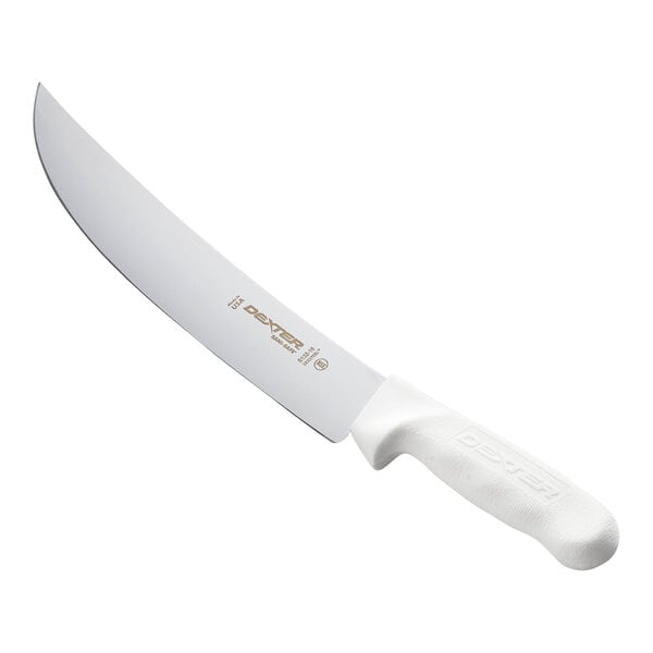 A large knife with a curved blade and a white textured handle, photographed on a white background.