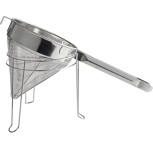 A stainless steel Choice 8" Coarse China Cap strainer with a handle.