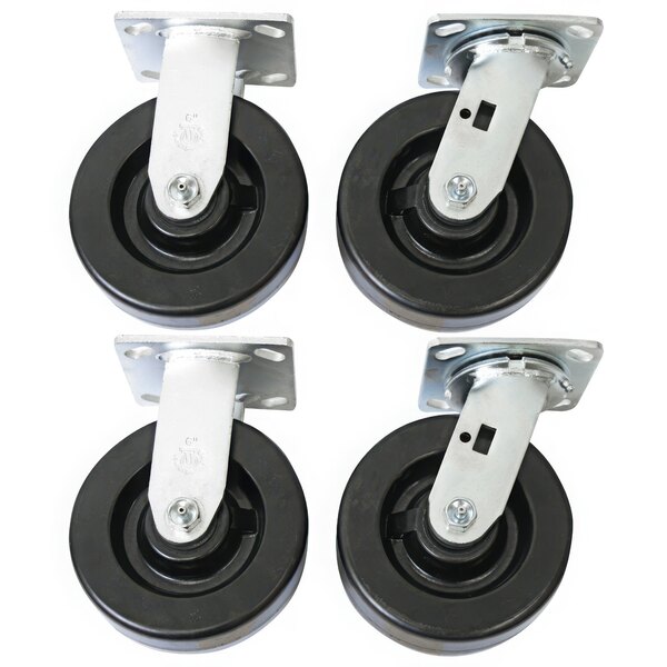 A set of Wesco casters with black rubber wheels and black metal bases.