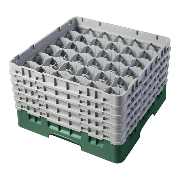 A large plastic Cambro container with 36 empty glass racks and 5 extenders inside.